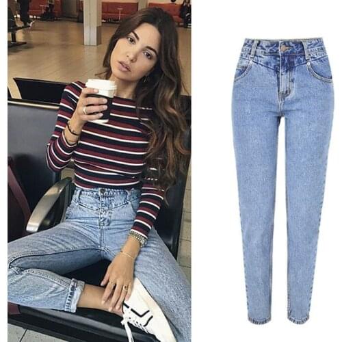 LOGAMI New Fashion High Waist Boyfriend Jeans Woman Casual Straight Jean For Women Denim Trousers Light Blue