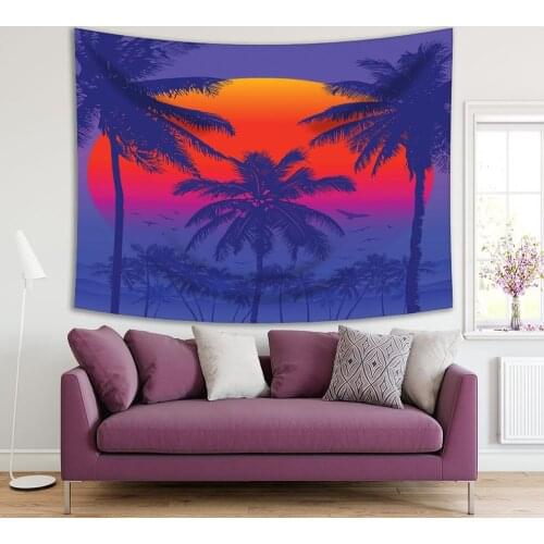 Tapestry Blue Sky Sunrise with Pink Orange Sun Palm Trees and Mountains Silhouette Background Tropical Beach View Printed
