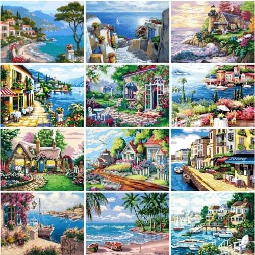 AZQSD Picture By Numbers Seaside City House Unique Gift Painting Art Painting By Numbers Landscape Hand Paind Kit Canvas