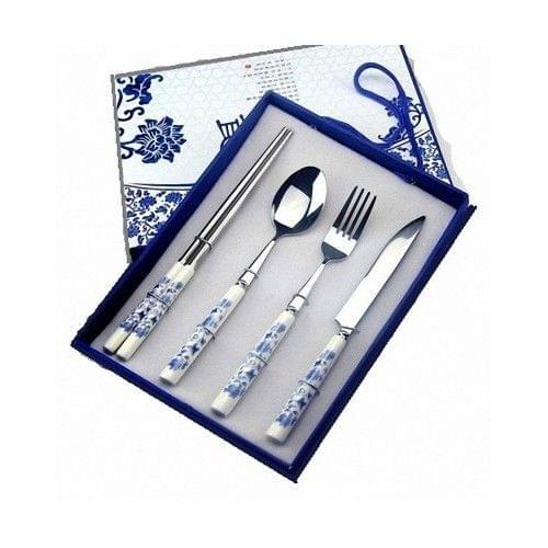 Chinese Blue White Porcelain Tableware Fork Spoons Chopsticks Knife Silverware