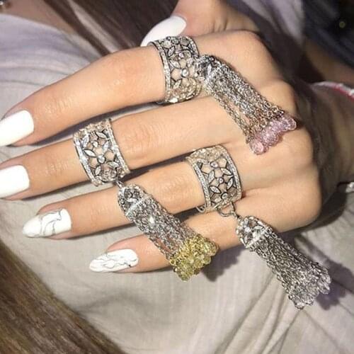 SLJELY Solid 925 Sterling Silver Colorful Crystal Hollow Flower Tassel Ring with Blue Pink Yellow White Stone Women Fine Jewelry