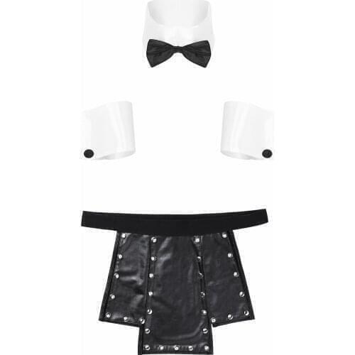 Men Faux Leather Lingerie Set Role Play Costume Accessories Collar Cuffs with Low Rise Metal Studded Kilt Underwear Split Skirt