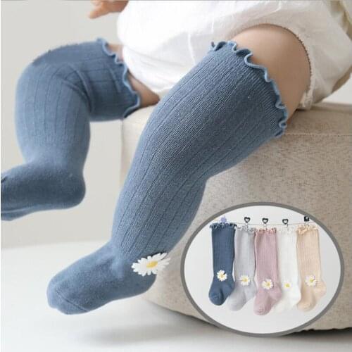 Sweet princess girls socks autumn winter 3D daisy embroidery kids knee high socks cozy cotton toddler boots socks for children