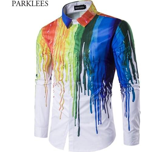 3D Splash Ink Print Dress Shirt Men 2019 Spring New Slim Long Sleeve Shirt Men Holiday Hawaiian Shirts Camisa Social Masculina