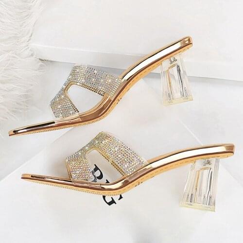 New Women 7cm High Heels Mules Gold Slides Lady Clear Thick Block Heels Slippers Summer Peep Toe Platform Rivets Sandals Shoes