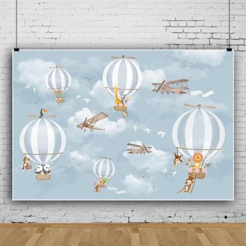 Sky Blue White Hot Air Balloon Animal Backdrops Photo Background Decorations for Baby Shower Birthday Party Photography Prop