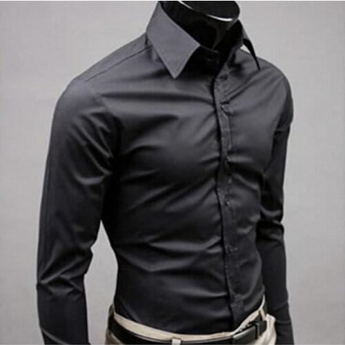2019 New Mens Fashion Casual Solid Candy Color Long Sleeve Slim Fit Dress Shirt Top Business casual goes with wedding shirts