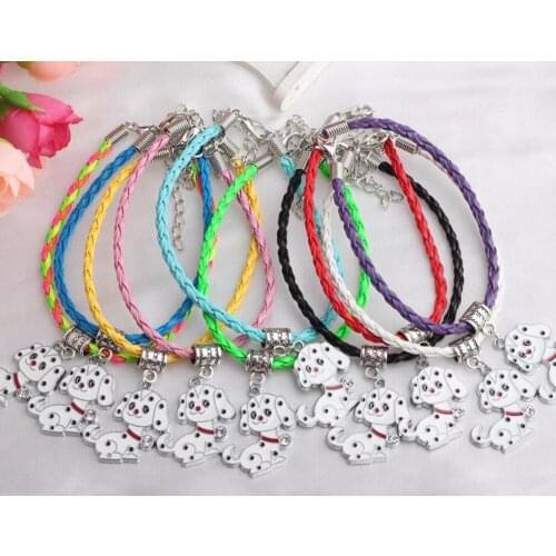 Handmade Braided Leather Bracelet Dangle Animal Crystal Enamel Pet Dog Charms Cuff Bracelet Bangles Fit Women Jewelry Gift NEW