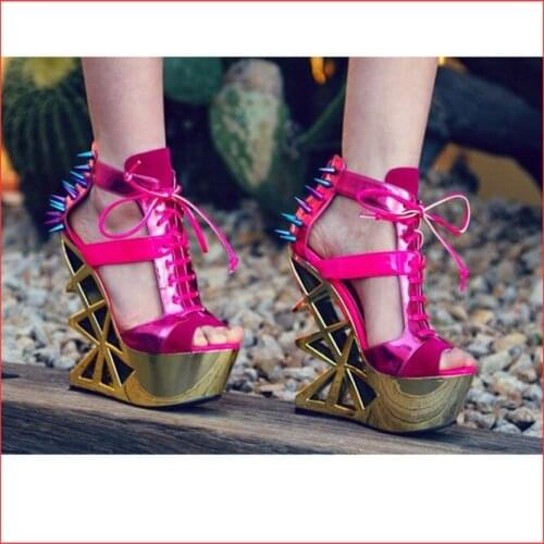 Sexy Platform Women Nightclub Europe Stage Dance Exaggerated Mixed Color Electro-optic High Heel Rivets Lace up Sandals Woman