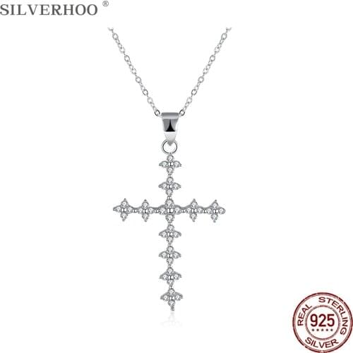 SILVERHOO Classic Sterling Silver 925 Cross Necklace Pendant For Women Shining CZ Necklaces Jewelry Romantic Gift To Girlfriend
