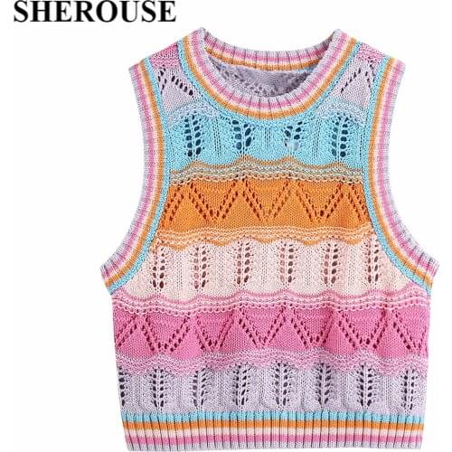 2021 New Summer Women Knitted Tops Jacquard Striped O-Neck Cropped Tank Vest Chic Lady Fashion Casual Woman Clothes