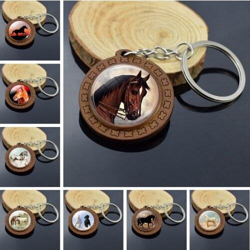 Horse Head Photo Vintage Wooden Keychain Glass Cabochon Animal Horse Pendant Keyring for Women Men Punk Jewelry
