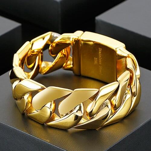 High Quality Mens Bracelet Jewelry 24mm 8.5inch Stainless Steel Gold Color Heavy Chunky Link Chain Bracelets & Bangles