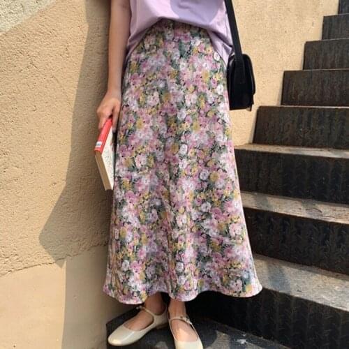 Bella Philosophy Women Elegant Floral Print Long Beach Purple Skirt Vintage Mujer Maxi Retro Elastic High Waist A-line Skirt