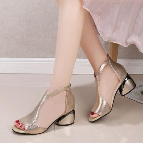 Women Sandals 2021,Fashion Mesh Boots,Peep toe,Summer Mid Heels Shoes,Back Zipper,Thick Heel,Black,Gold,Free Dropshipping