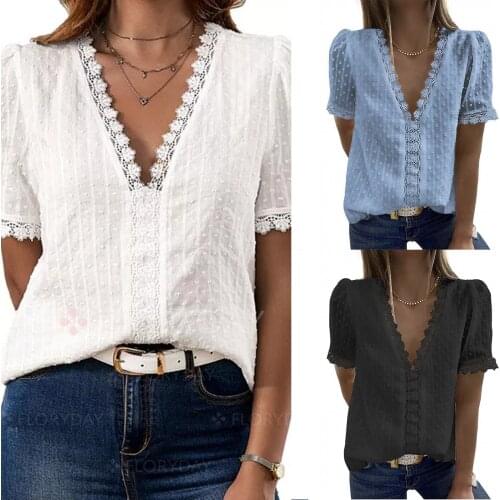 Women Loose Jacquard T-shirt, Adults Casual Solid Color Short Sleeve V-neck Lace Shirt