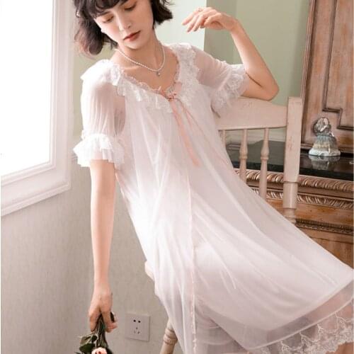 Women Romantic Nightgowns Vintage White Pink Lace Peignoir Mesh Nighty Victorian Night Dress Retro Princess Sleepwear Nightwear