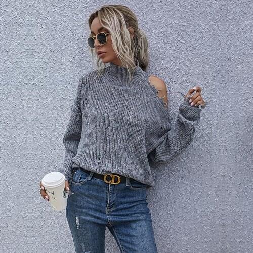 Disdressed Sweaters Knitted Hole Pullovers Turtleneck Clothes For Women 2020 New Loose Wide Fashion Tops Ladies Ripped Jumpers
