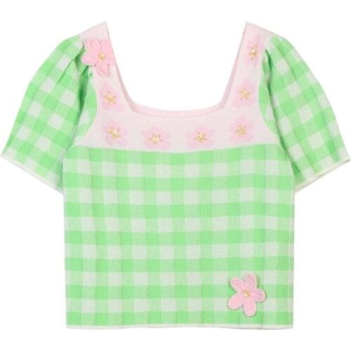 Womens Contrast Plaid Pattern Beaded Knit Sweater Korean Slim Short Sleeve Top Thin Style Summer 2021 New Womens Clothing