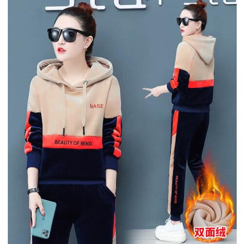 Gold Velvet Suit Women 2021 Fall New Fashion Casual Sportswear Plus Velvet Thick Sweater Winter Daily Two-Piece Suit s1152