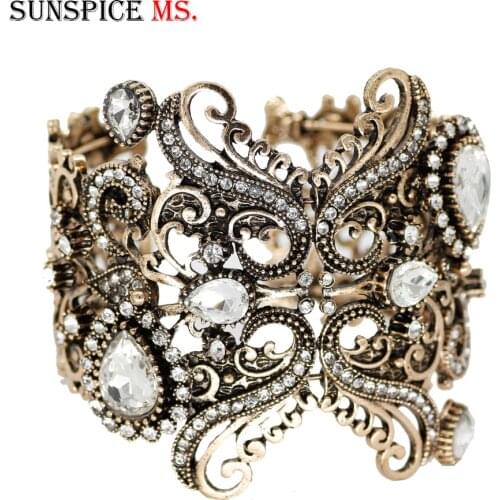 SUNSPICE-MS Turkish Vintage Bangle Women Crystal Flower Cuff Bracelet White Gray Stone Antique Gold Color Retor Wedding Jewelry