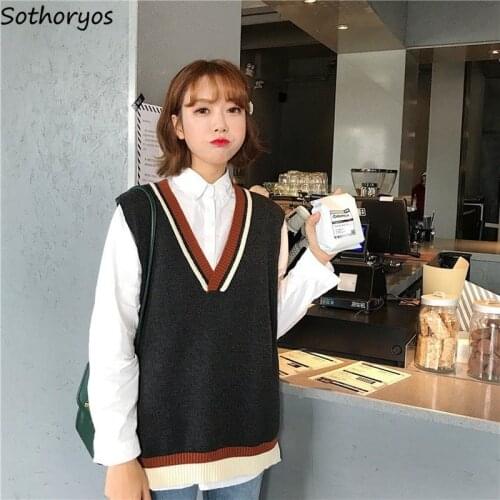 Sweater Vest Women Knitted Preppy Style All-match Street Harajuku Chic Casual Sleeveless Femme Sweaters Loose Students Stylish