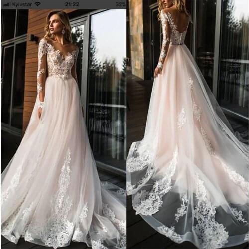 Illusion Long Sleeve Wedding Dress 2020 Sexy Sheer V Neck Zipper Back Appliques vestido De Novia Lace Bridal Gowns
