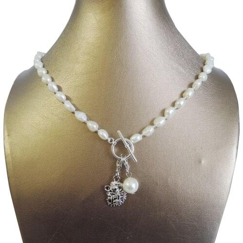 100% NATURE FRESHWATER PEARL NECKLACE and bracelet,long baroque pearl 7-9 mm,Hedgehog,bear pendant