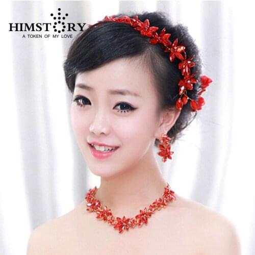 HIMSTORY Crown Tiara Wedding bride jewelry red crystal 3 pcs/set necklace earrings crown hair red jewelry sets