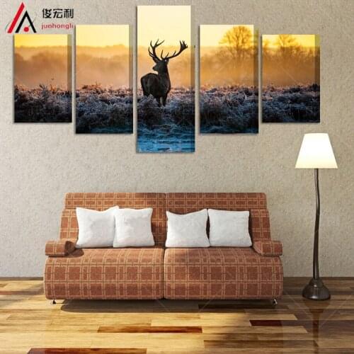 5 pieces canvas art Framed oil painting printed African sunset deer room decor poster canvas prints Modular Pictures on the wall