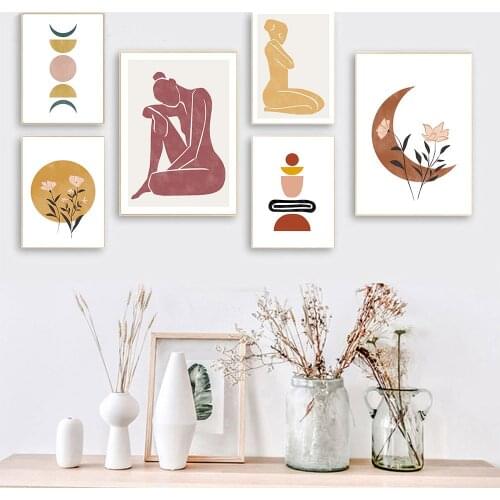 Boho Abstract Yoga Girl Moon Phase Flower Leaves Wall Art Canvas Painting Posters And Prints Wall Pictures For Living Room Decor