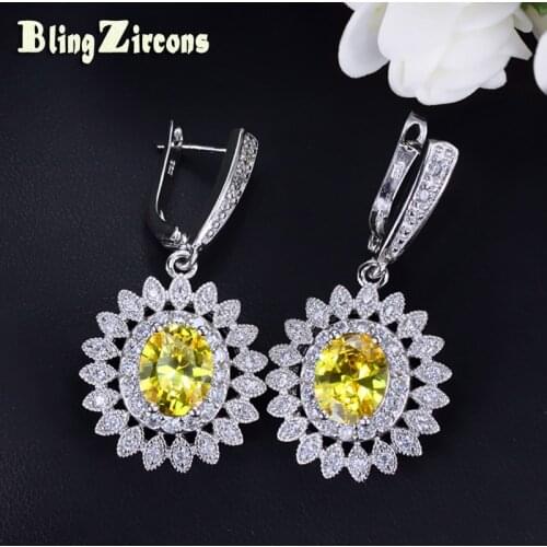 BeaQueen Bulgaria AAA+ Cubic Zirconia Stone Big Sunflower Silver Color Long Drop Yellow Earrings Laides Costume Jewelry E154
