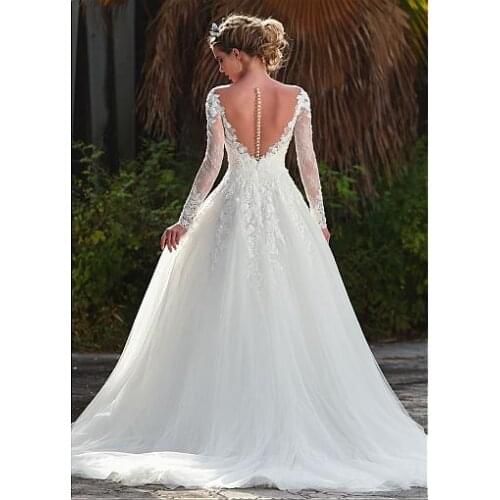 Marvelous A-Line Tulle Gowns Illusion Neckline Wedding Dress Long Sleeve Custom Made Appliques Sexy Back Vestios De Novia Bridal