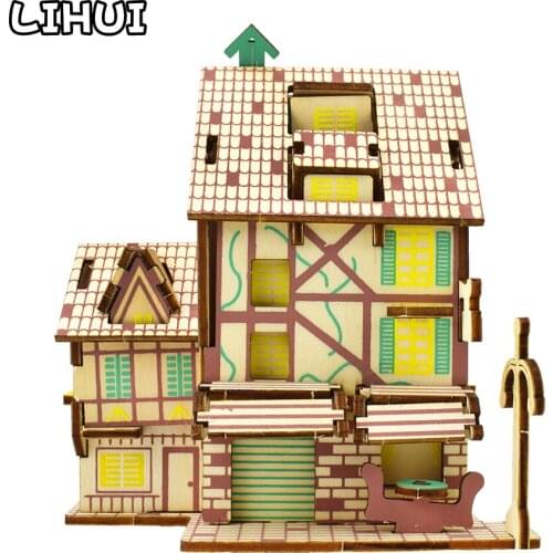 Cafe Wooden 3D Puzzle Toys Jigsaw Architecture Cartoon House Coffee Shop DIY Assembly Building Model Kit Kids Education Wood Toy