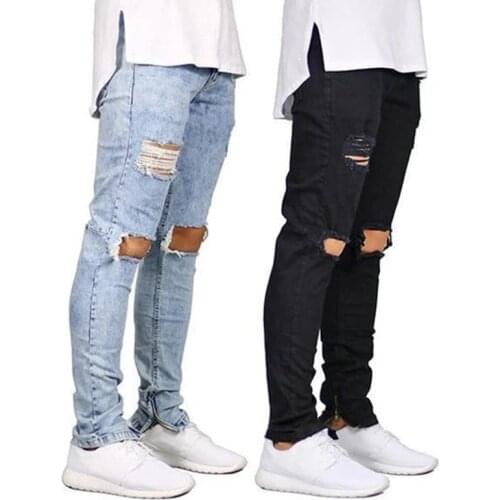 Black Jeans Men Fashions Sexy Ripped Hole Skinny Denim Pencil Pants Men Slim Fit Mid Waist Stretch Distressed Jeans Streetwear