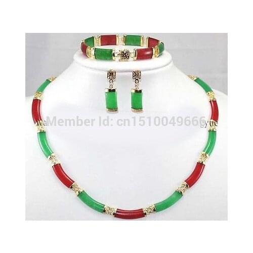 Hot sale Real Red & Green jade Link Necklace Bracelet earrings Set AAA