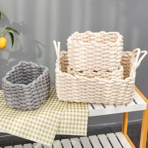 Reoyourt Storage Basket Cotton Rope Storage Box with Handle Handmade Laundry Baskets for Clothes Sundries Cosmetic Book Toy
