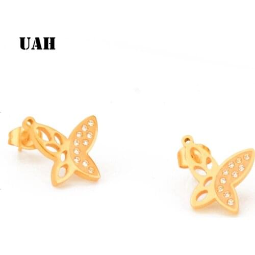 UAH Cute Butterfly Cubic Zircon Small Stud Earrings For Women Kids Children Baby Girls Gold Color Jewelry Aros Oorbellen