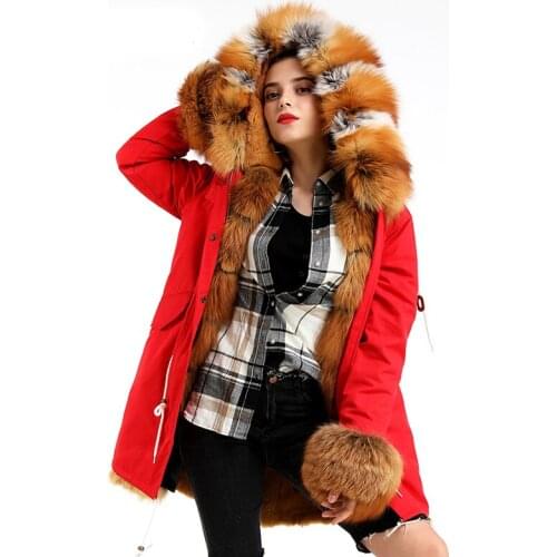 Maylofuer Real Red Fox Fur Parka with Detachable Rex Rabbit Fur Liner and Fur Cuffs Jacket Women Fashion Army Green Fur Parkas