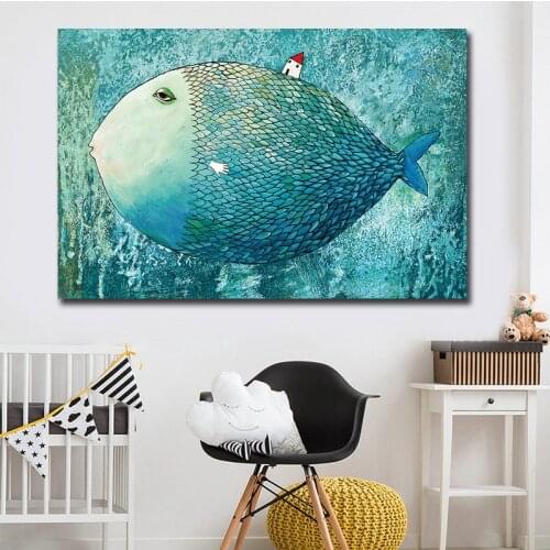 Kids Room Wall Decor Cartoon Fish Canvas Paintings Nordic Style Posters and Print Wall Hanging Pictures