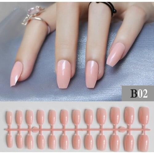 Shrimp powder Full Nail Simple Artificial Pink Ballerina Fake nail 24pcs coffin nail tips Designs Pure colour False nails B02
