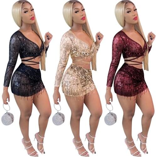 Sequins Tassel Womens Set Woman Mesh See Through Lace Up Crop Top And Mini Skirt With Underpants Night Club Party Outfits S-XXL