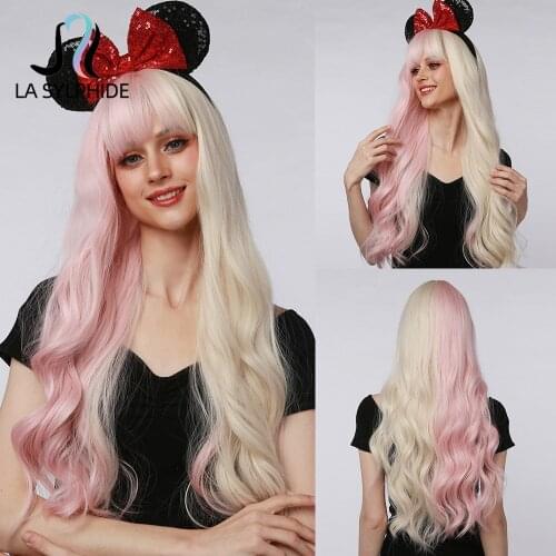 La Sylphide Synthetic Wig Long Natural Wavy Half Blonde Half Light Pink Hair Wigs with Bangs for Women Cosplay Party Lolita