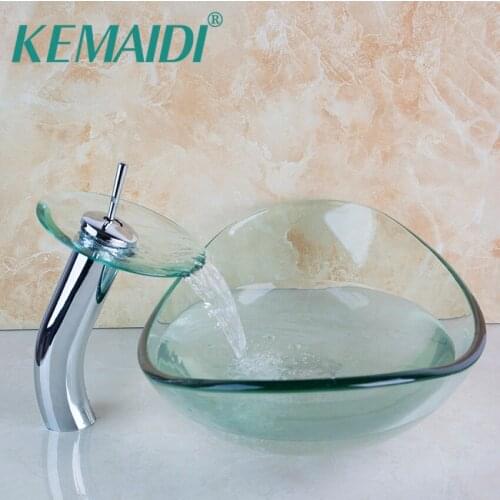 KEMAIDI Basin Faucet Transparent Bathroom Artistic Tempered Glass Vessel Vanity Hand Print Color Sink Bowl Mixer Set W/Drain