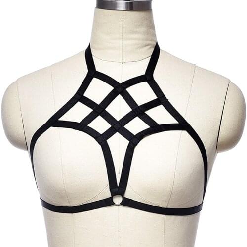Women Halter Body Harness Bra Pastel Goth Elastic Body Cage Rave Wear Bondage Crop Top Sexy Lingerie Bustier