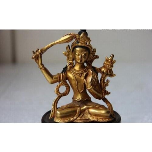 USPS to USA S1018 4 Tibet Pure Bronze Copper 24K Gold Gilt Hold sword Manjusri Kwan-Yin GuanYin