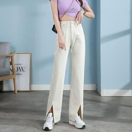 Womens Vintage Straight Split Jeans High Waist Two Buttons Loose Blue Washed Denim Trousers Wide Leg Pants Jean P143