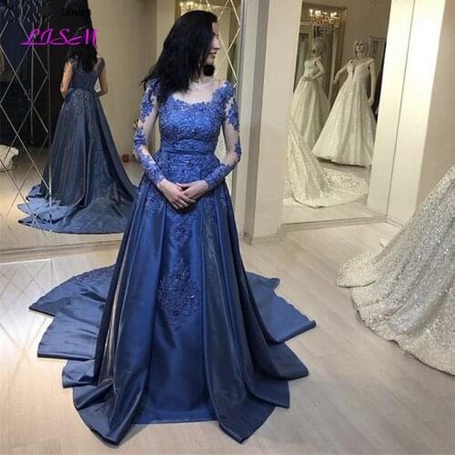 Royal Blue Evening Dresses Long Sleeves Scoop Appliques Prom Dress Illusion Buttons Back Special Occasion Gowns