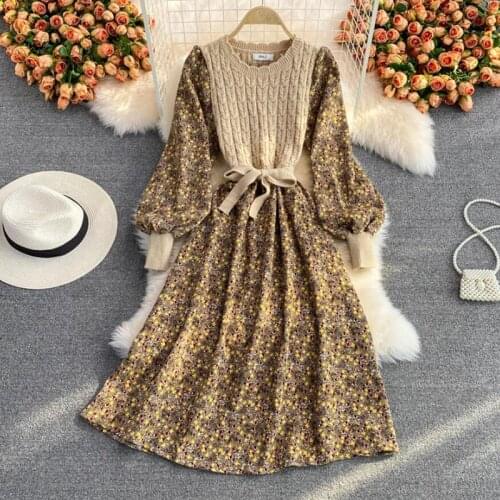 Knitted Patchwork Floral Dress Women Autumn Vintage Puff sleeve Elegant Dresses O Neck Slim Women Bandage Midi Vestidos
