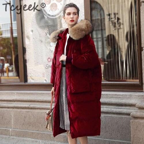 Tcyeek Winter Coat Female Thick Warm Womens Down Jacket Raccoon Fur Hooded 2020 Korean Vintage Velvet Long Duck Down Coat W1297